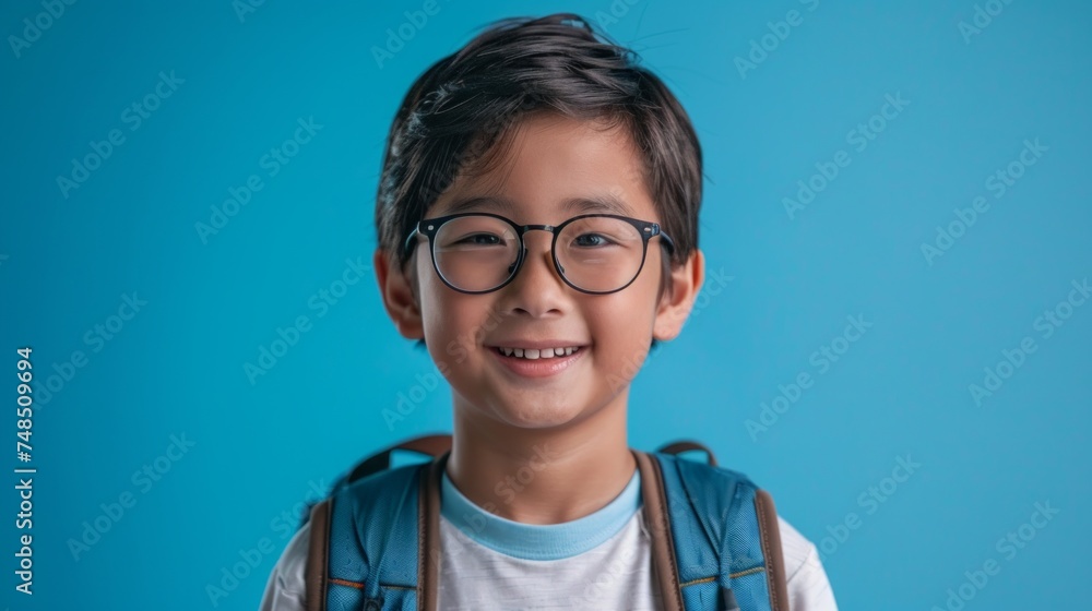 Smiling Asian Boy with Backpack and Glasses Generative AI Smiling Asian Boy with Backpack and Glasses Generative AI