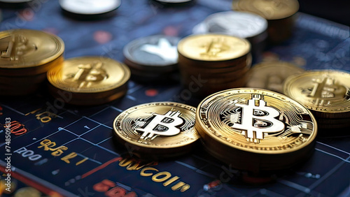 Bitcoin background banner, cryptocurrency Gold bitcoins with abstract background