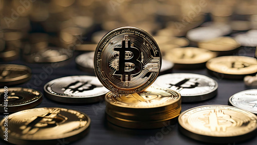 Bitcoin background banner, cryptocurrency Gold bitcoins with abstract background