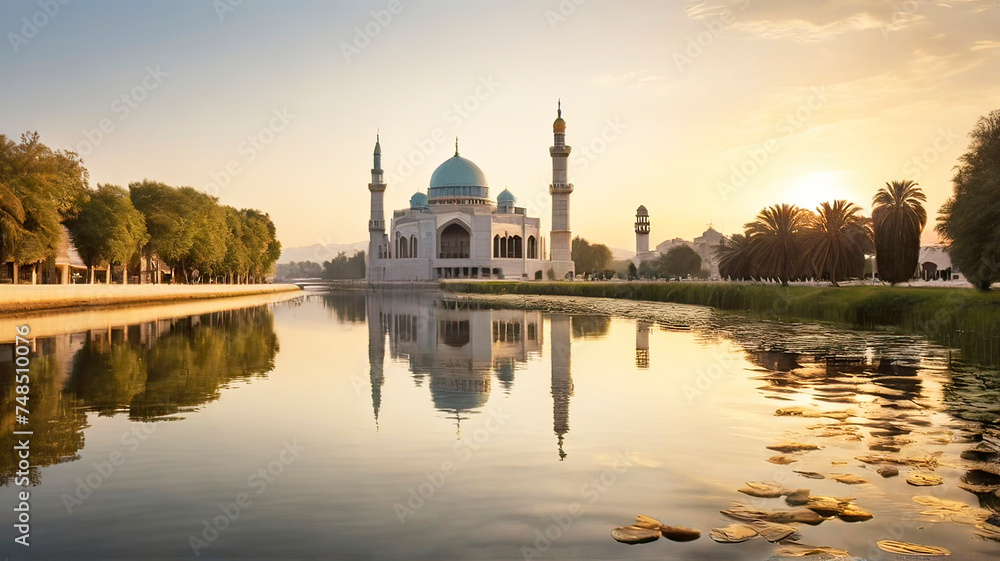 Fototapeta premium mosque with a beautiful background, Mosque in Ramadan Kareem, Muslim Prayer mosque