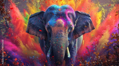 Elephant Drenched in Vibrant Holi Colors Amidst a Jungle Tapestry Generative AI © Gro