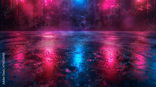 Empty dance floor glows under crimson and azure lights  promising evening revelries