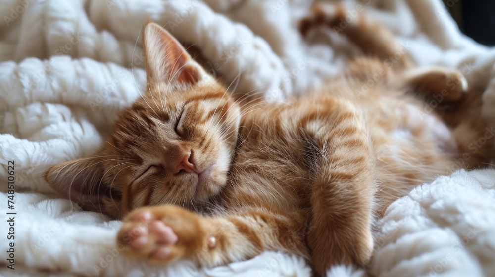 Ginger Cat Napping Contentedly on Soft White Blanket Generative AI Ginger Cat Napping Contentedly on Soft White Blanket Generative AI