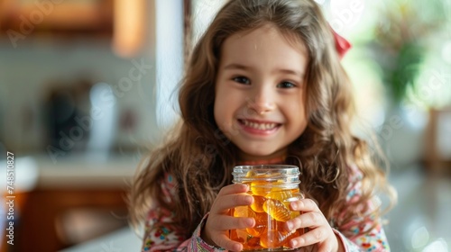 Cheerful Young Girl Holding a Jar of Gummy Vitamins Generative AI
