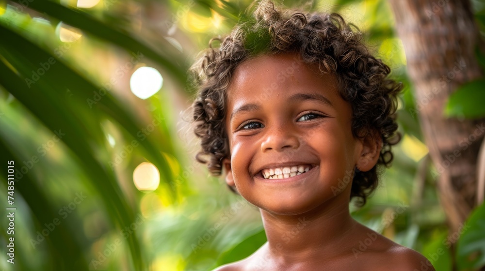 Smiling Boy in Tropical Summer Environment Generative AI - obrazy, fototapety, plakaty 