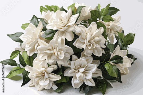 Branch fresh branch gardenia flowers with leaves,border