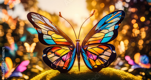Colorful butterfly with stunning fairy wings in a garden, making geometric shadows - Fantasy abstract art with tiny details. Generative AI. V-3