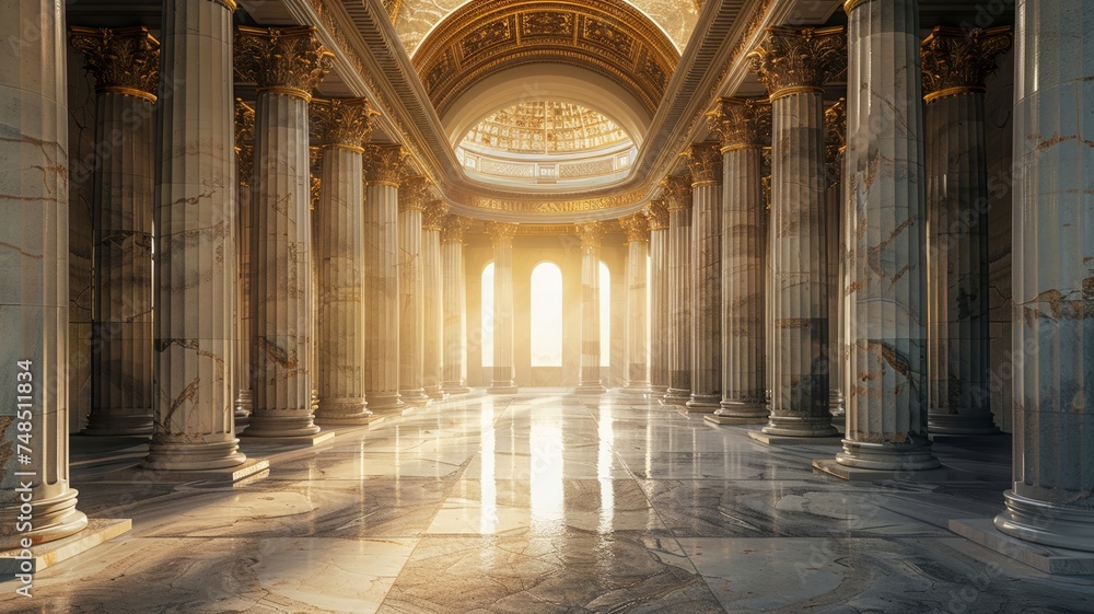 Grand hall whispers tales of yore, marble pillars standing with silent dignity - obrazy, fototapety, plakaty 