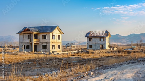 Unfinished homes stand against the barren landscape © Malika