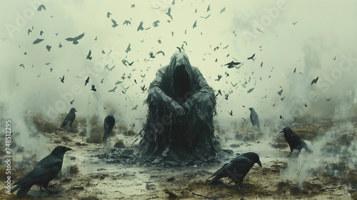 Mysterious hooded figure surrounded by birds
