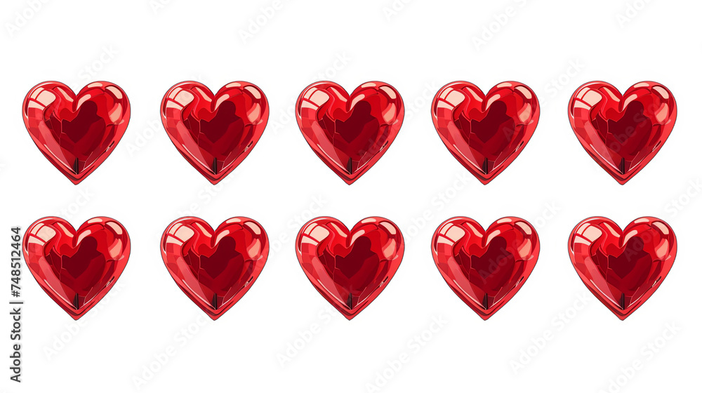 Premium mockup. Red hearts in a row. Valentine day. Love. Passion. Plastic hearts isolated on a blank background. Place for advertising and text, copy space. PNG format. Premium mockup. Red hearts in a row. Valentine day. Love. Passion. Plastic hearts isolated on a blank background. Place for advertising and text, copy space. PNG format.