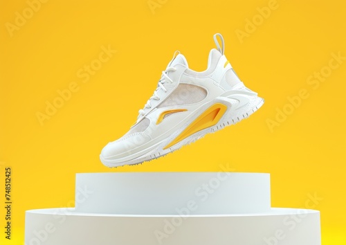 White Sneakers shoes on white podium stage display with yellow background
