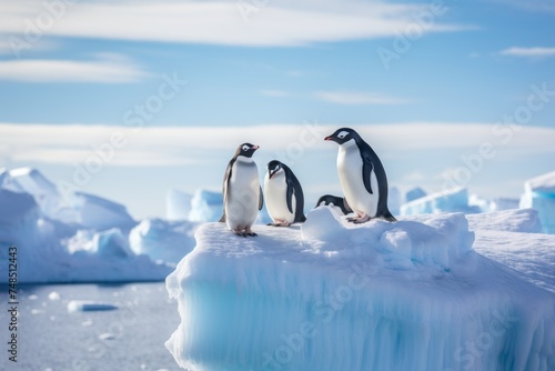 Gentoo penguin band is on the ice against the backdrop of icebergs