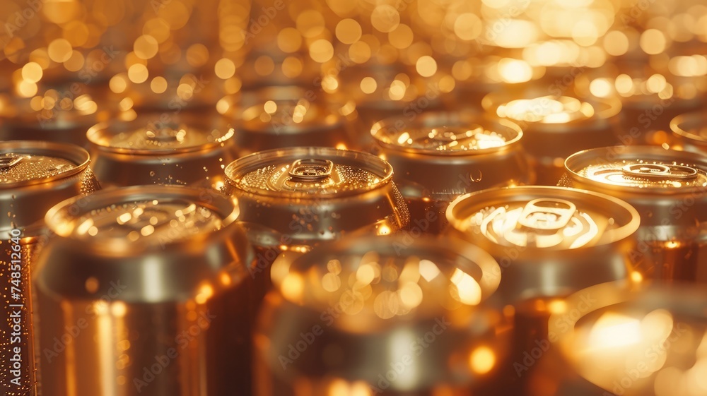 Uniform soda cans exhibit their shiny tops in perfect alignment