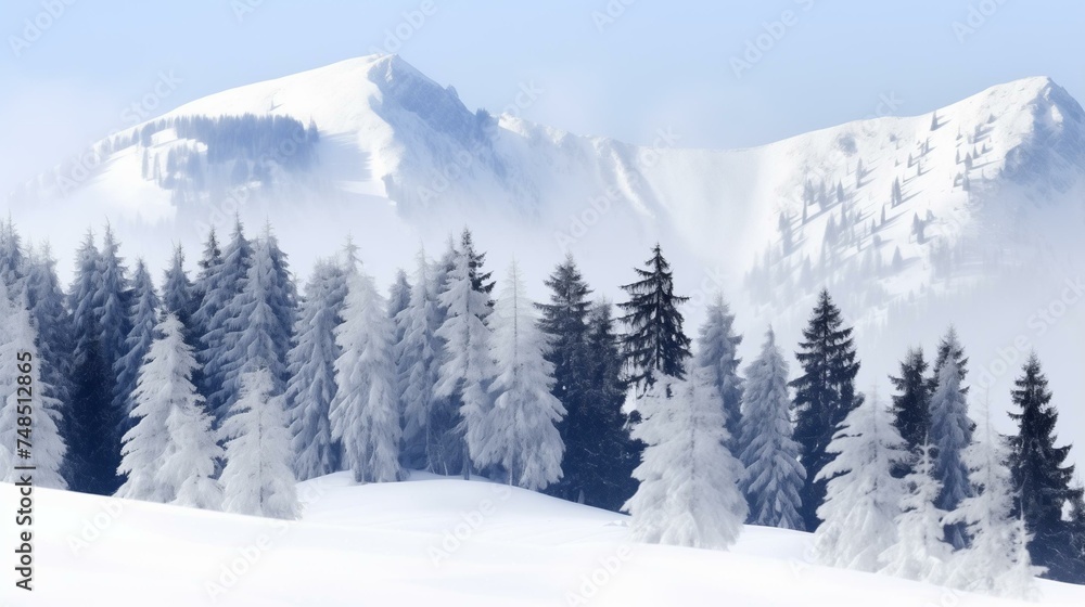 Majestic Winter Landscape with Snowy Pines and Mountain Peaks Majestic Winter Landscape with Snowy Pines and Mountain Peaks