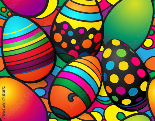 Easter seamless pattern with black and multicolor easter eggs decorated with various dots and stripes. For Easter decoration, wrapping paper, greeting card, sale and promo banner, web poster. Vector i