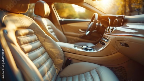 Beige leather seats invite passengers into the clean interior of a luxury car © Malika