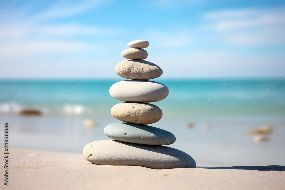 Rock balancing at beach. Stones piled in balanced stacks in front of blurry beach background with copy space Rock balancing at beach. Stones piled in balanced stacks in front of blurry beach background with copy space