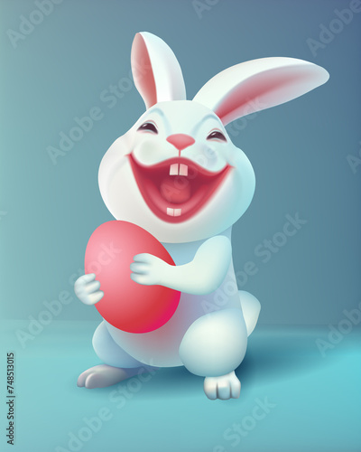 Happy Easter Day design with white realistic cheerful laughing rabbit and Easter egg on the blue background