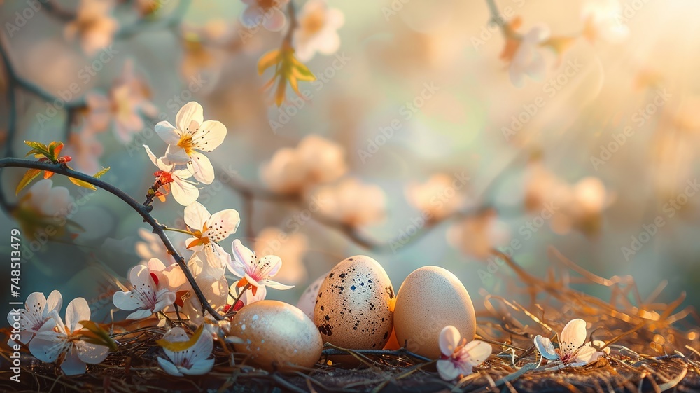 Spring's bounty displayed with lustrous eggs and budding branches, heralding prosperity