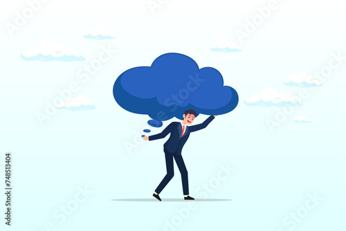 Tried depressed businessman carry heavy thinking bubble burden, over thinking, obsessive in work or too many problems that cannot make decision (Vector)