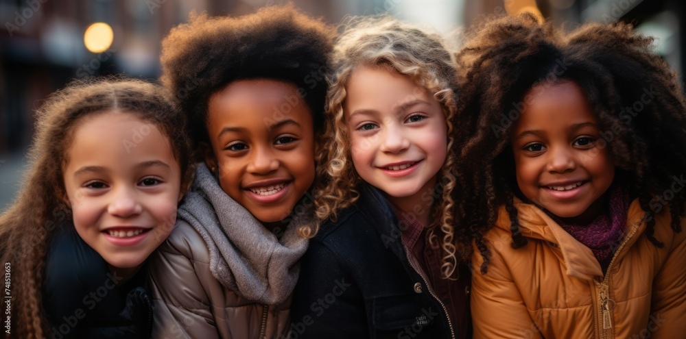 Fototapeta premium Children of different races hugging each other and smiling