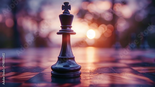 Lone king dominates the chessboard, symbolizing leadership in a field of uncertainty