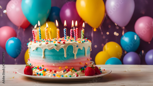 Text-Friendly Celebration: Background Design Featuring a Side View of a Decorated Birthday Cake on the Table. Perfect for Celebratory Occasions, Birthdays, and Festive Designs. 16:9 Background.
