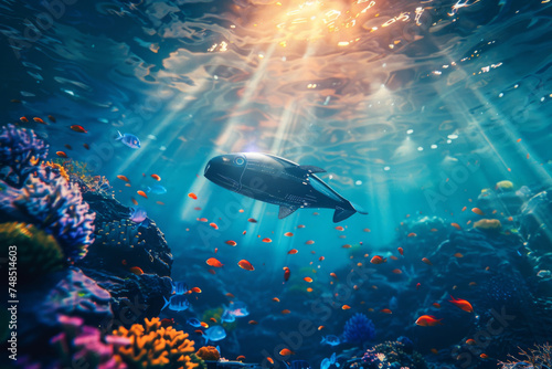 Robotic observation marine life in the ocean background, Underwater with colorful sea life fishes and plant at seabed, robotic sea fish. © TANATPON