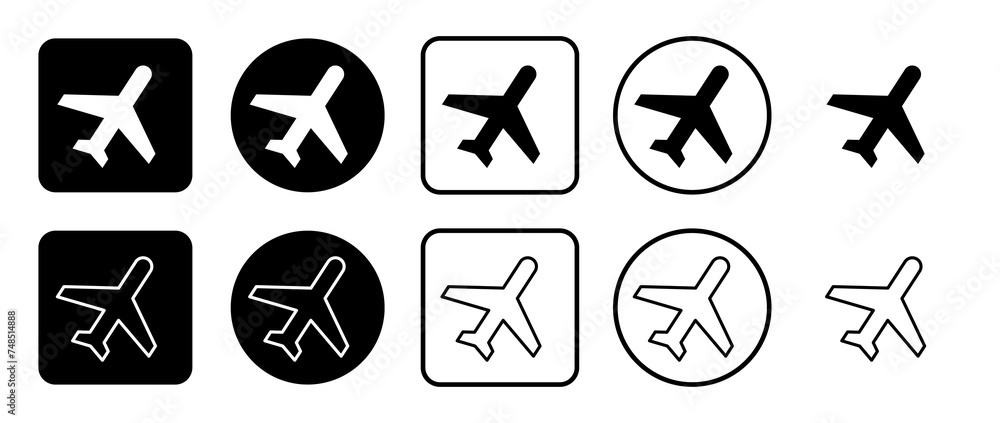 Icon set of plane symbol. Filled, outline, black and white icons set, flat style. Vector illustration on white background Icon set of plane symbol. Filled, outline, black and white icons set, flat style. Vector illustration on white background