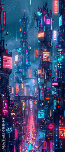 A sprawling cityscape of neon lights and holographic billboards with hackers manipulating code in the shadows