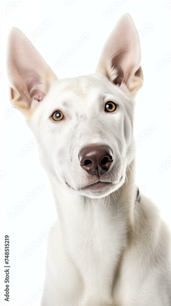 Adorable White Canine Portrait with Expressive Eyes on White Background