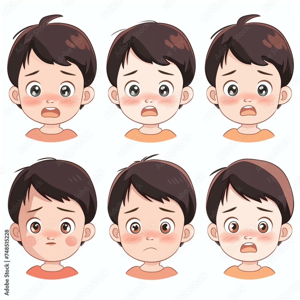 Set of Cute Cartoon Boy Faces Showing Different Emotions and Expressions Set of Cute Cartoon Boy Faces Showing Different Emotions and Expressions
