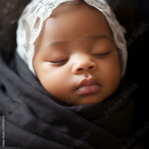 Peaceful African American Infant Sleeping with Lace Headband