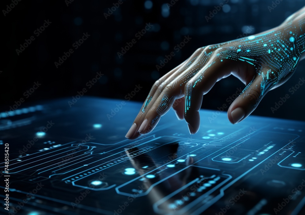 Human hands touch a futuristic screen with a complex interface ...
