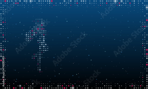 On the left is the enchantress symbol filled with white dots. Pointillism style. Abstract futuristic frame of dots and circles. Some dots is pink. Vector illustration on blue background with stars