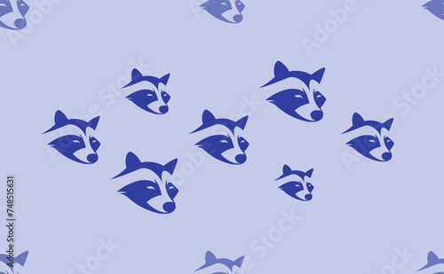 Seamless pattern of large isolated blue raccoon head symbols. The pattern is divided by a line of elements of lighter tones. Vector illustration on light blue background