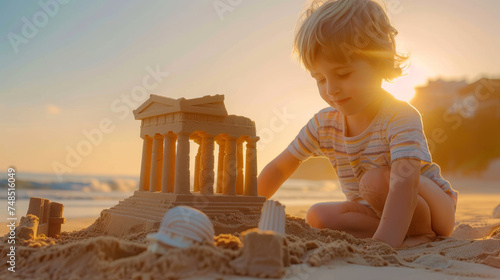 Travel to Greece concept image with a kid doing a sand castle looking like an ancient Greek temple monument on sunny beach