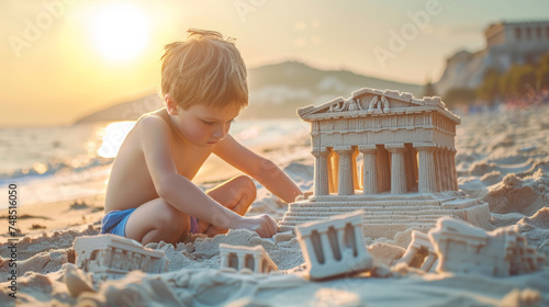 Fototapeta Naklejka Na Ścianę i Meble -  Travel to Greece concept image with a kid doing a sand castle looking like an ancient Greek temple monument on sunny beach