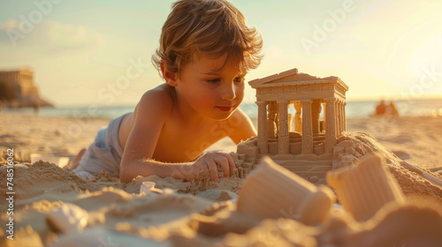 Fototapeta Naklejka Na Ścianę i Meble -  Travel to Greece concept image with a kid doing a sand castle looking like an ancient Greek temple monument on sunny beach