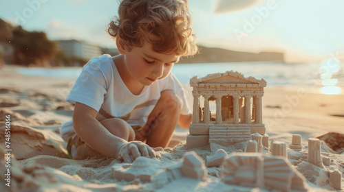 Fototapeta Naklejka Na Ścianę i Meble -  Travel to Greece concept image with a kid doing a sand castle looking like an ancient Greek temple monument on sunny beach