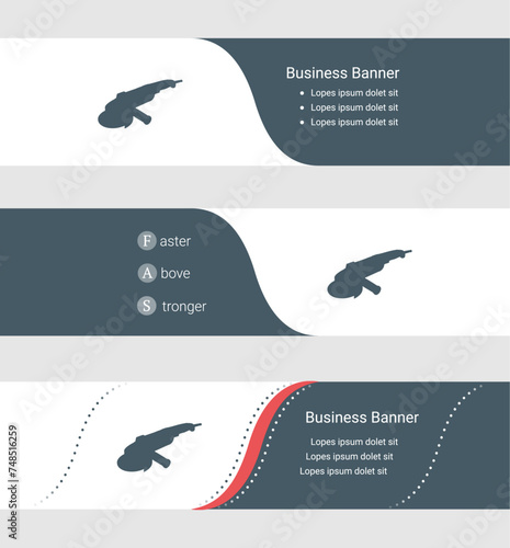 Set of blue grey banner, horizontal business banner templates. Banners with template for text and angle grinder symbol. Classic and modern style. Vector illustration on grey background