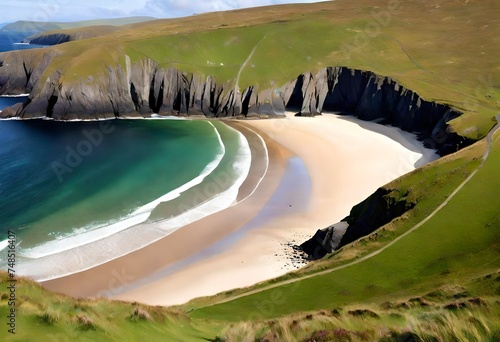 Silver Strand, a sandy beach in a sheltered, horseshoe-shaped bay, situated at Malin Beg, near Glencolmcille, in south-west County Donegal, Ireland. Generative ai
