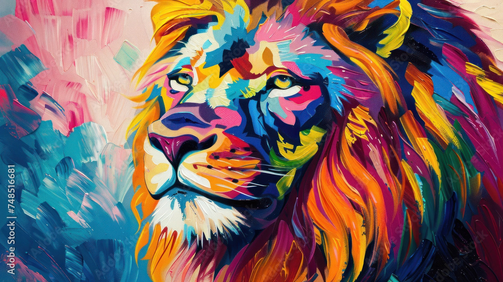 Fototapeta Colorful painting of a big lion head, beautiful, abstract background