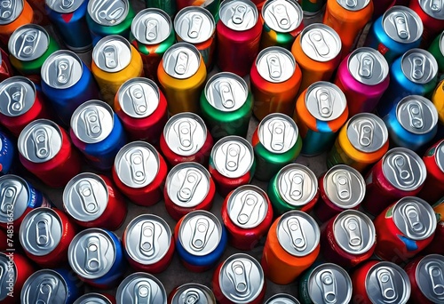 A group of colorful aluminum cans of beverage  top view. AI-Generated