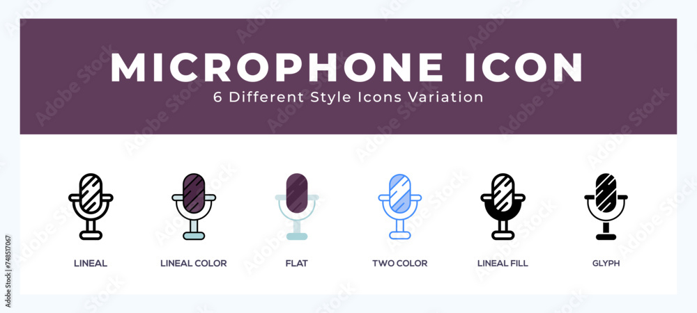 Microphone icon set. outline. glyph black. flat color and filled line color