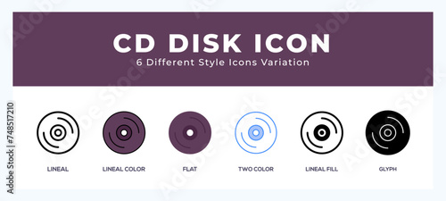Cd disk icon set with different styles. Design elements for logo. Vector illustration.