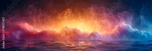 Fire on the water on black background background with red and blue rays.