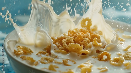 close-up shot of a white ceramic bowl overflowing with colorful cereal pieces being poured from a blue carton