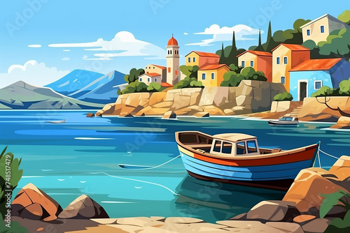 A painting depicting a vibrant fishing boat sailing on the water, surrounded by a picturesque seaside village. The colorful boat adds a lively contrast to the serene waters © Vit